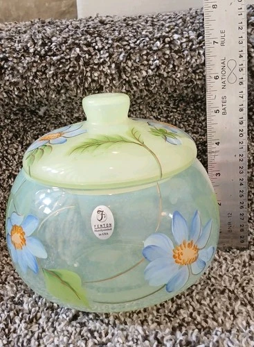 Fenton Topaz Opalscent Glass Vaseline Covered Jar Candy Box