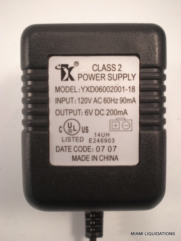 Class 2 Power Supply Adaptor Male Input: 120V AC 60Hz 90mA Output