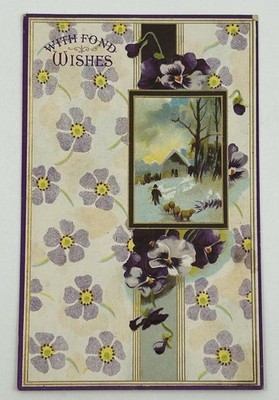 Antique 1912 Embossed Postcard Violets Winter Scene Birthday Wishes E3