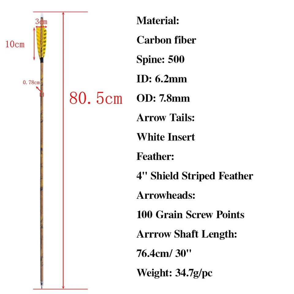 6/12X 30" Archery Carbon Arrow Spine 500 4" Natural Feather Bow Hunting Target - Image 2 of 4