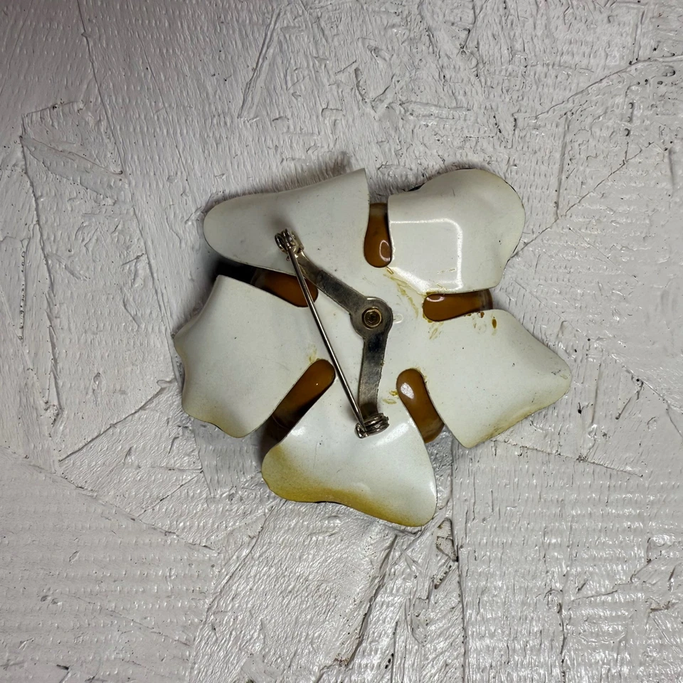 Vintage Enamel Flower Brooch Pin Yellow Green Gemstone Center Statement Floral - Image 3 of 4