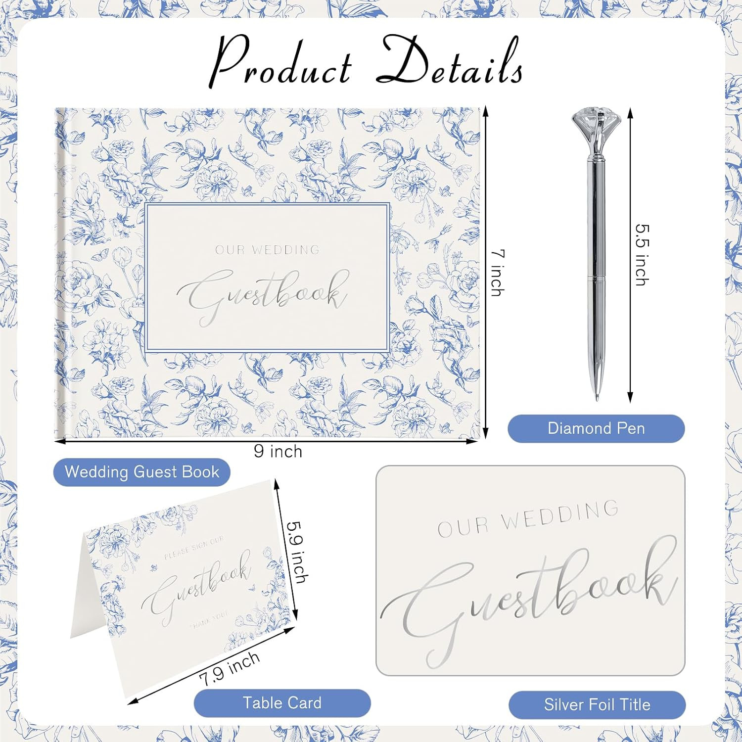 как выглядит Blue Floral Wedding Guest Book Hardcover with Pen - 9X7 Inch 144 Pages Sign in B фото