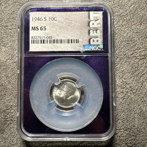 1946-S ROOSEVELT SILVER DIME ~ NGC MS 65. BERT. Purple Case.