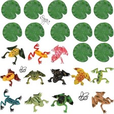 24Pcs Plastic Frogs Set,12Pcs Frog Toy and Artificial Lily Pads Colorful Realis