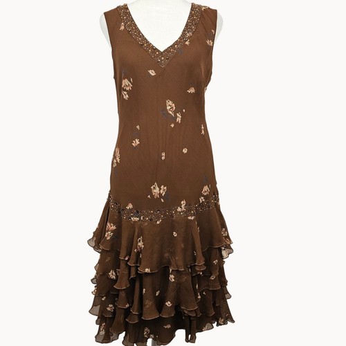 Nicole Miller Womens 12 Brown Floral Sequin Ruffled Bottom Sleeveless Midi Dress