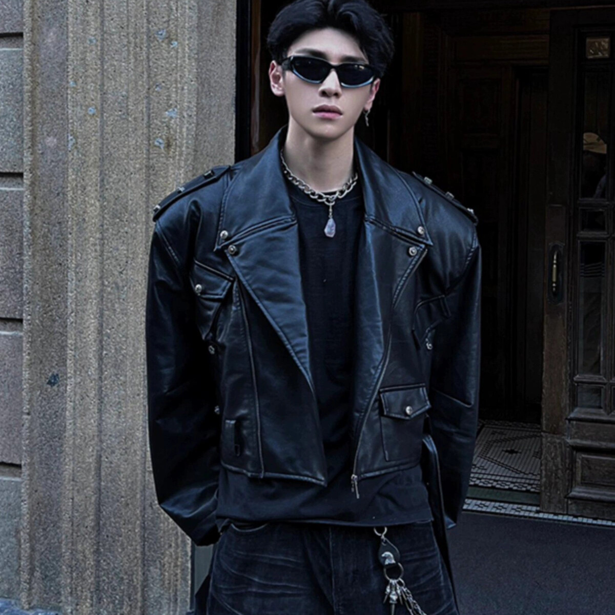 American Style Mens Short Cropped Lapel Collar Motorcycle Jacket
