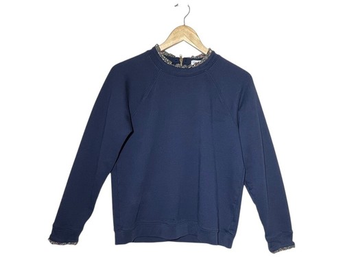 J Crew Sweatshirt Women L Floral Ruffle Neck Cuffs Navy Prairie Boho Cottage