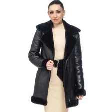 Women's Shearling Sheepskin Leather Fur Coat Black Fur Lined Warm Winter Jacket