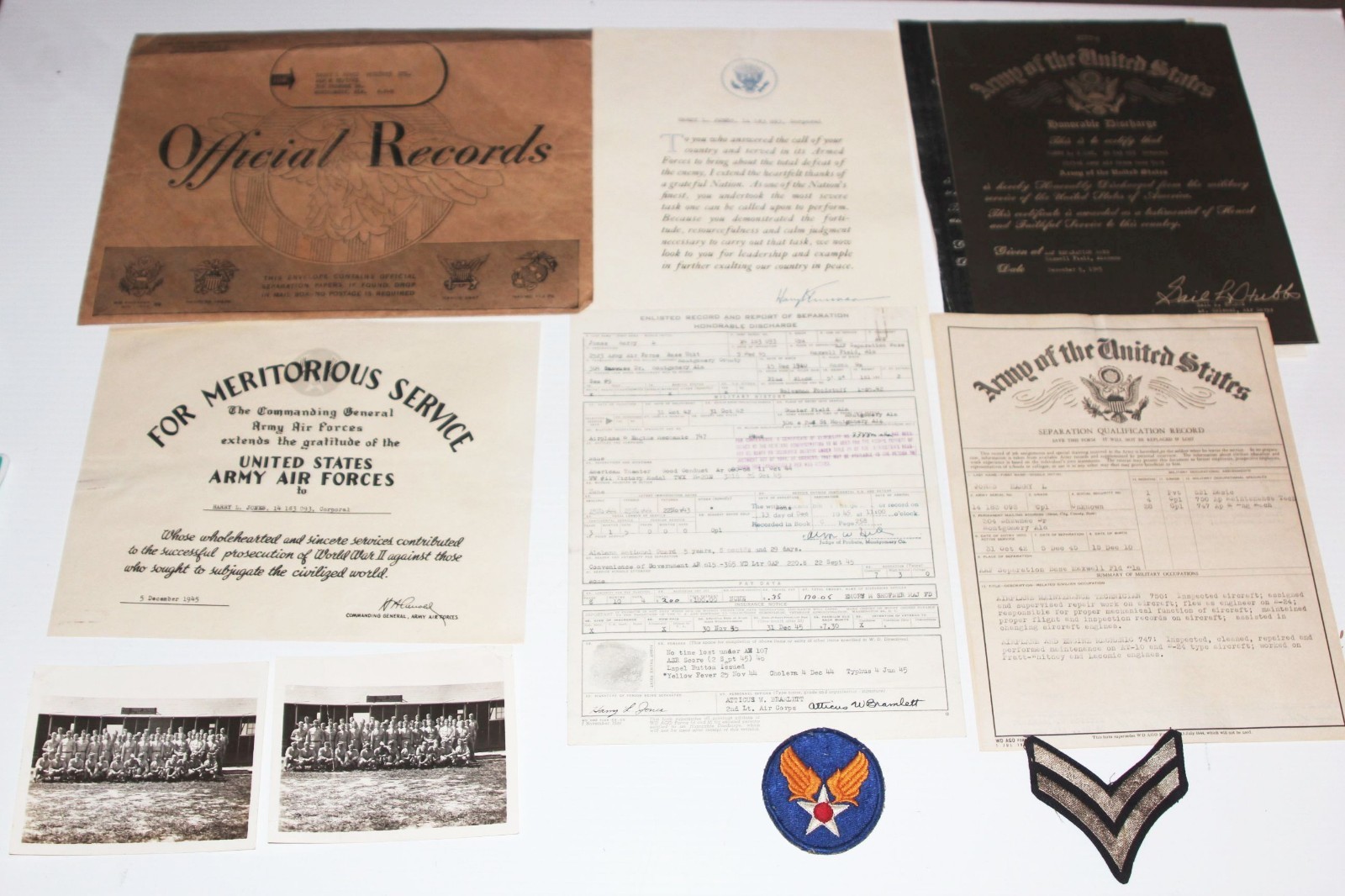 WWII Army Air Force Service Records, Honorable Discharge, Pics, Patch