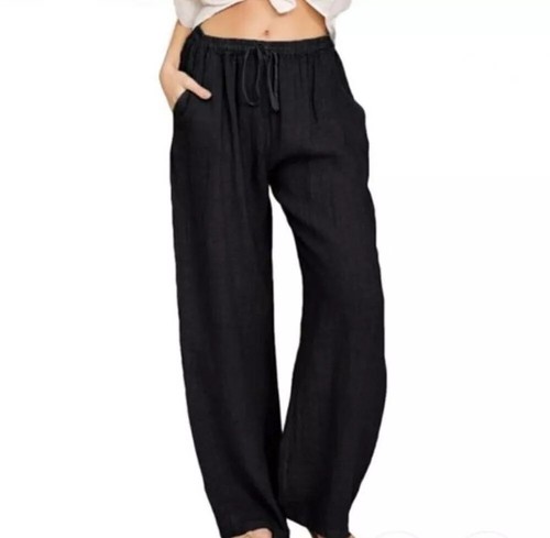 Womens Cotton Linen Wide Leg Pants Ladies Elasticated Waist Casual Trousers UK - Picture 6 of 9