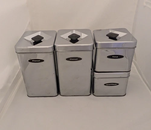 Vintage Art Deco Stainless Steel Chrome Canister Set - Diamond Handle (42)
