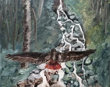 Oil Painting Hawk Bird Predator Flying River Stream Forest Animal Art A. Joli