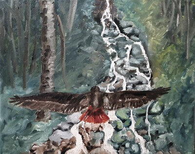 #ad Oil Painting Hawk Bird Predator Flying River Stream Forest Animal Art A. Joli $80.00