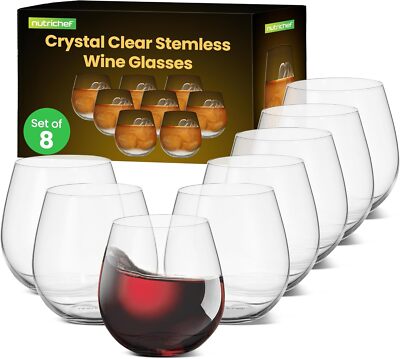 NutriChef NGWINE88 Stemless Wine Glasses, Set of 8 - Clear (Open Box)