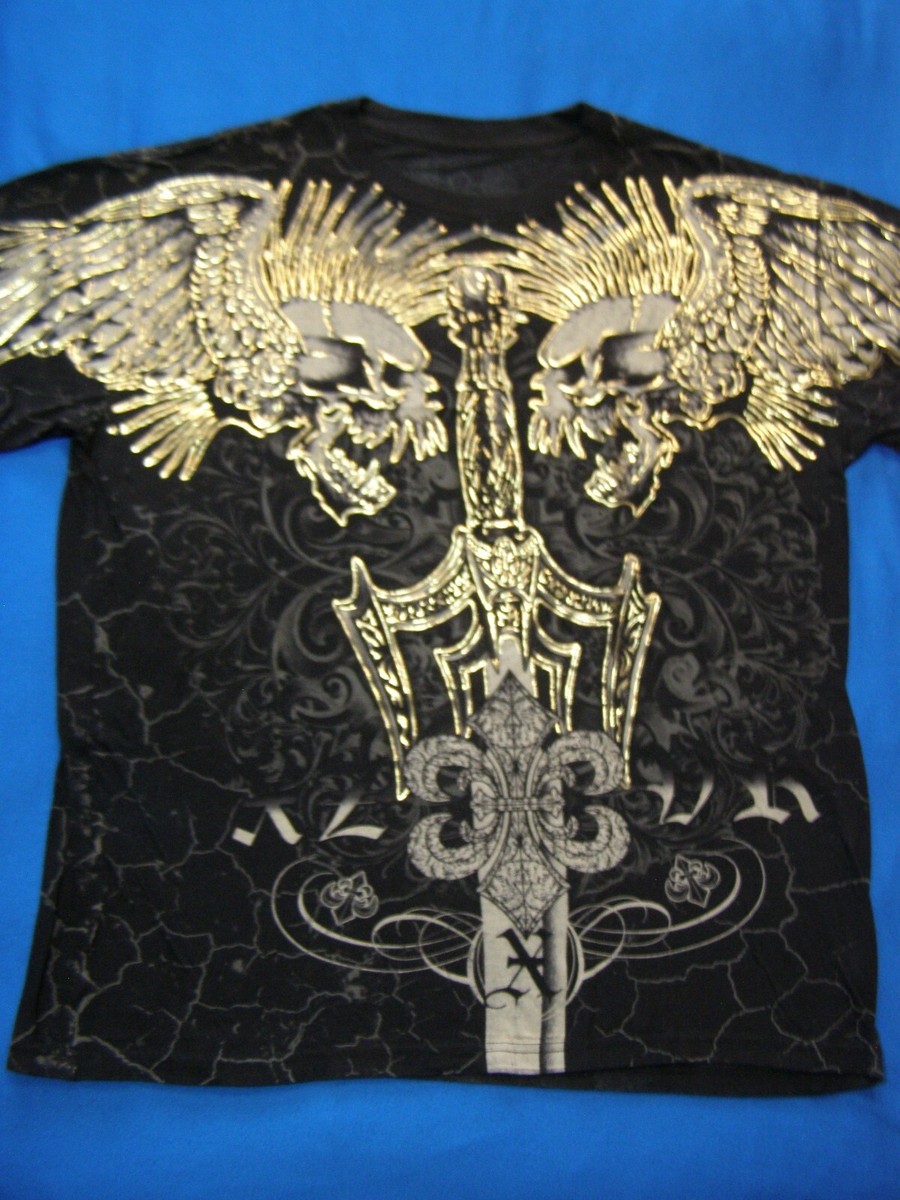 グッズ Xzavier T-Shirt Raised Gold Metallic Winged Skulls Design Black