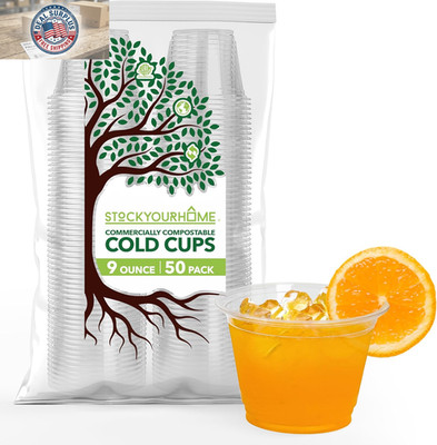 9 Oz Commercially Compostable Cold Cups (50 Pack), Eco Party Cup, Environmentall