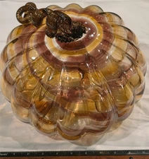 7 5/8" high & 11 1/2" Diameter Multicolored Swirled Art Glass Pumpkin