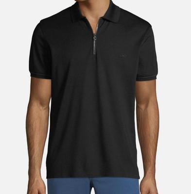 Salvatore Ferragamo Men Black Embroidered Logo Short-Sleeve Zip Polo Shirt Sz S