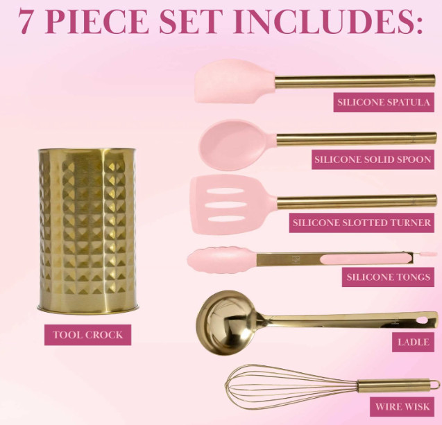Kitchen Set Tool Crock with Silicone Cooking Utensils 7-Piece, Pink and Gold