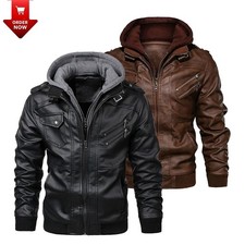 Men's Faux Leather Motorcycle Jacket Removable Hood Zip Up Biker Bomber Coat