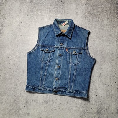 Vintage 80s Levi's Denim Trucker Sleeveless Vest Orange Tab Mens Size M-L