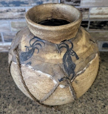Vintage Native American Handmade Watering Clay Pot Rawhide Wrap String 