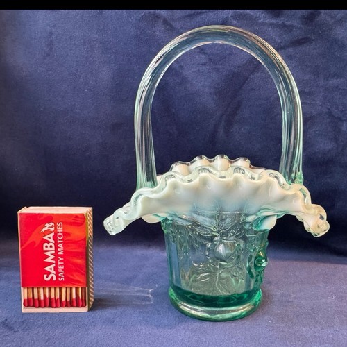 Vintage Fenton Turquoise Cabbage Rose Opalescent Glass Basket Manganese Glow VGC - Picture 1 of 13