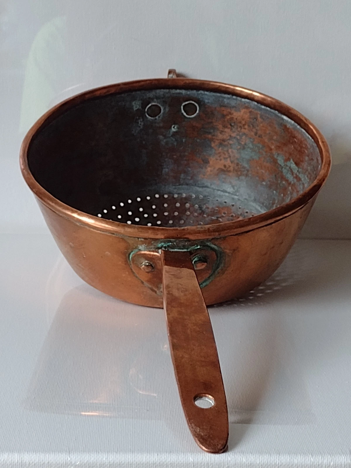 Antique European/Italian Hand Made Copper Colander Strainer Hanging Copper Bowl
