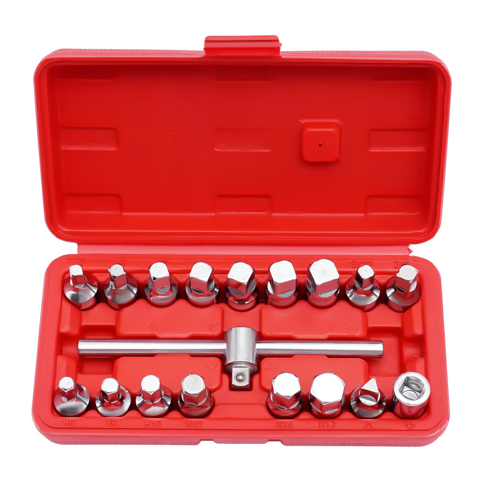Oil Drain Pipe Plug Hexagon Square Socket Key Removal Tool Set 18Pcs 3/8''Drive