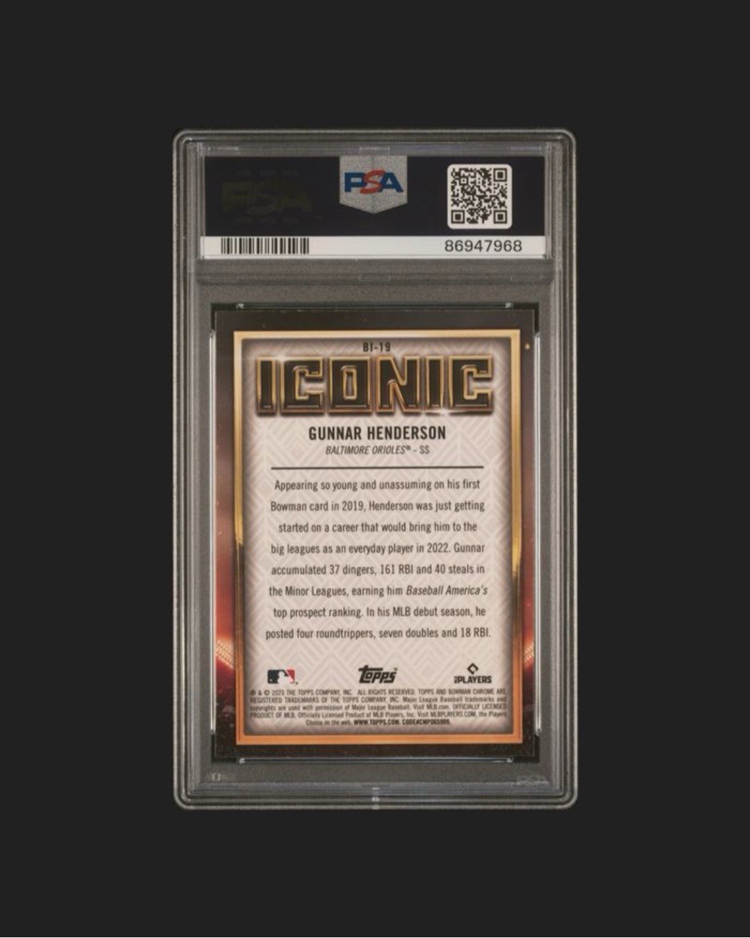 Topps 2023 Bowman Chrome Gunnar Henderson Bowman Iconic BI-19 RC Orioles PSA 9 view 2