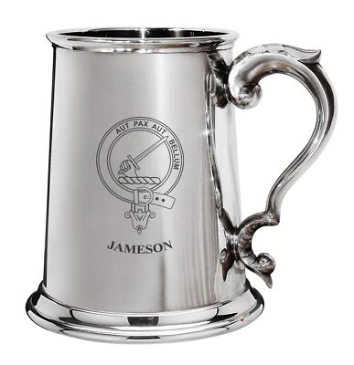 Jameson Family Crest Polished Pewter 1 Pint Tankard with Scroll handle