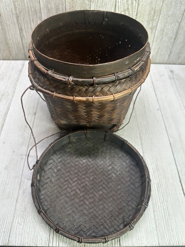 Vintage Philippines Woven Ifugao Rice Basket with Lid Folk Art 7" Tall x 6" Wide - Picture 5 of 10