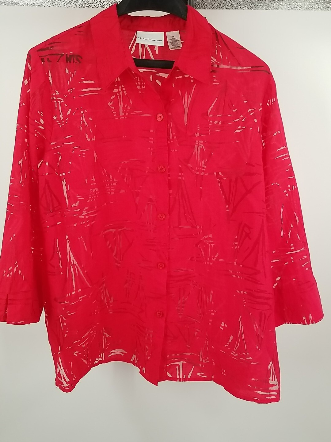 Alfred Dunner Womens See Through Sheer Red  3/4 Sleeve Button Up Size 14 Top