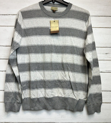 NWT Sonoma Life+Style Men's Knit Sweater Striped Crew Large Crimson Grey Cotton