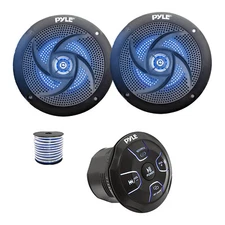 Pyle 4-CH Marine Bluetooth Controller, 2x 4" 100W Blue LED Speakers (Black),Wire