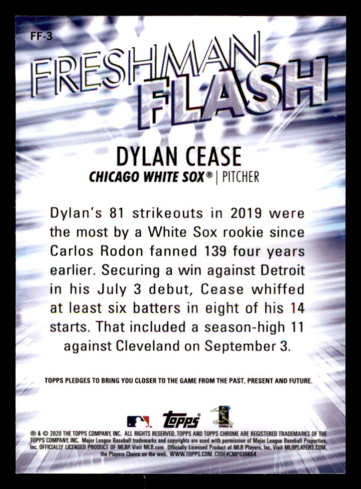 2020 Topps Chrome Freshman Flash #FF3 Dylan Cease - Image 2 of 2