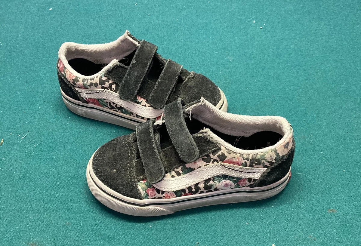 Vans Old Skool Girls Shoes Size 8 Toddler Shoes. Black w Flowers Vel Cro