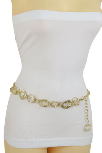 Women Gold Metal Chain Thick Links Push Bling Collection Belt Clear Beads S M - Picture 1 of 12