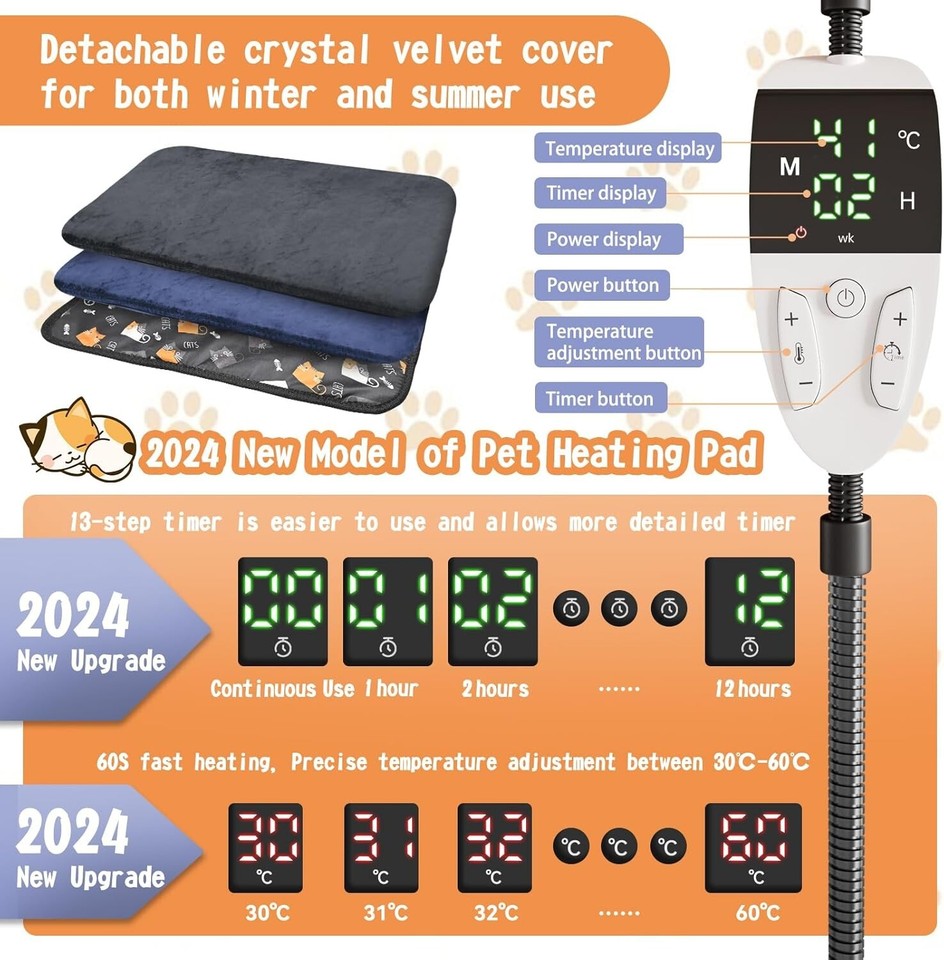 YFFU Pet Heating Pad 70x45cm Dog Heat Pad 30℃～60℃ Adjustable