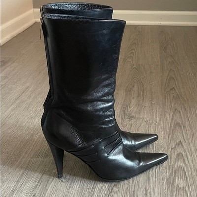 Sergio Rossi Women's Black Leather Pointy Toe High Heel Boots Size 38.5 US 8.5