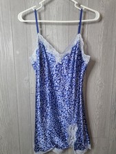 VINTAGE Y2K Victoria Secret Blue Leopard Print Satin Slip Dress M Lace Lingerie