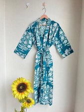 Indian Sky Blue Tree Print Cotton Kimono Robes Maxi Dress Women Clothing Gown US
