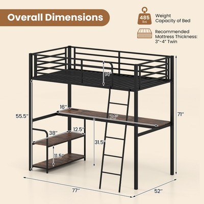 Twin Loft Bed with Desk & Shelves, Heavy Duty Bed Frame with Charging Station
