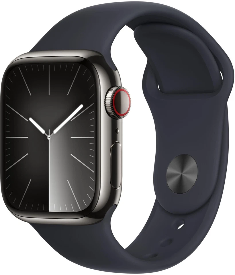 Apple Watch 9 LTE Steel Graphite 45mm Black Silicon Band, Sehr gut – Refurbished