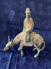 "ESTATUA/ESCULTURA HOMBRE ASIÁTICO SOBRE BURRO ARTE METAL ASIÁTICO 11"" DE COLECCIÓN"