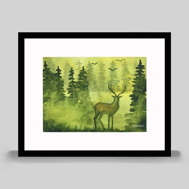 Original Watercolor Green Painting Deer In Forest Woods Signed Art Unframed 5x7