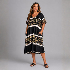 Leopard Panel V-Neck Swing Dress with Pockets