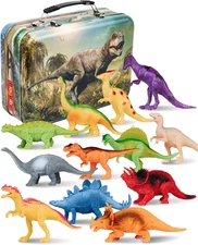 PLAYVIBE Dinosaur Toys - 12 Realistic 7-Inch Models, Multi-Color, Metal Storage 