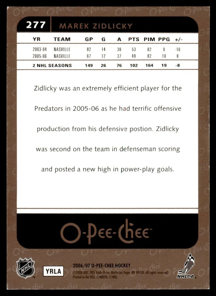 2006-07 O-Pee-Chee Rainbow Marek Zidlicky 027/100 Nashville Predators #277 - Image 2 of 2