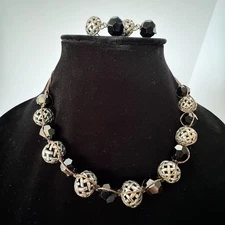 Brighton Woven Metal Bead Necklace Earring Silver-Tone Cage Beads Black Crystals